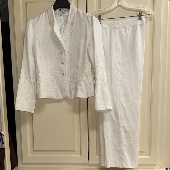 Carole Little White Linen Embroidered Pantsuit 90’s Wide Leg Tailored Fit Sz 6 - Picture 2 of 15